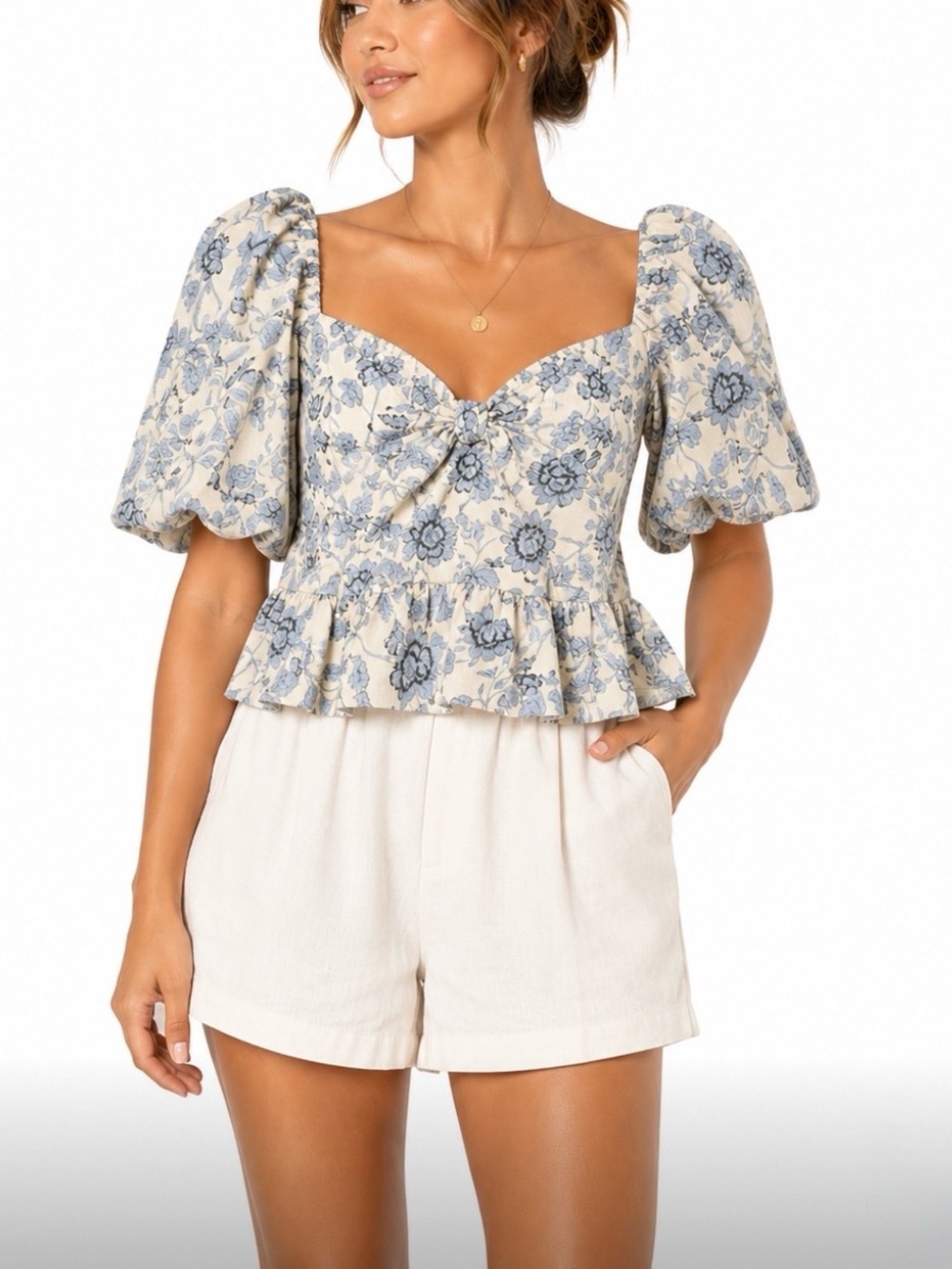 Vici Women’s Blue Floral Puff Sleeve Peplum Top